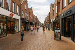 Straatbeeld van een Nederlandse winkelstraat met moderne en klassieke panden, representatief voor de veranderende retailomgeving in Nederland.