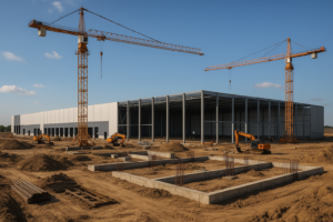 afbeelding van een magazijn - groot depot in aanbouw - beleggingskansen 2025 - beleggers kiezen steeds vaker voor het beleggen in vastgoed in 2025