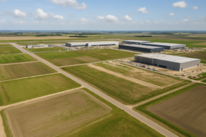 Luchtfoto van een bedrijventerrein in ontwikkeling bij Lelystad, met zicht op bouwgrond, distributiecentra en infrastructuur nabij Lelystad Airport. Representatief voor de groei van logistiek vastgoed in Flevoland.