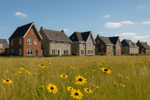 Rij moderne Nederlandse woningen met goed onderhouden tuinen, symbool voor woningverbetering en levensloopbestendig wonen onder 55-plussers