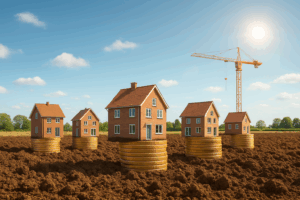 Vogelvlucht van een Nederlandse nieuwbouwwijk in aanbouw met vrijstaande woningen, zonnige lucht en groene omgeving – symboliseert woningontwikkeling en vermogensgroei.