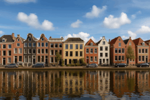Rijtje karakteristieke Nederlandse grachtenpanden weerspiegeld in het water, symbool voor woningwaarde en vastgoedontwikkeling in Nederland. WOZ waarde 2025 en woz waarde 2026