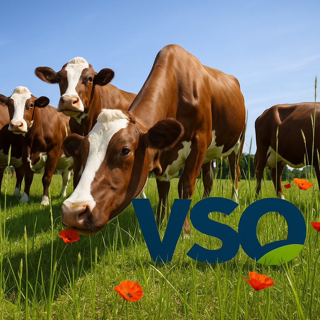 is een landschap met koeien het vso agrarisch makelaar logo is toegevoegd, het is een natuurlandschap het gaat over melkveebedrijf verkopen en taxeren